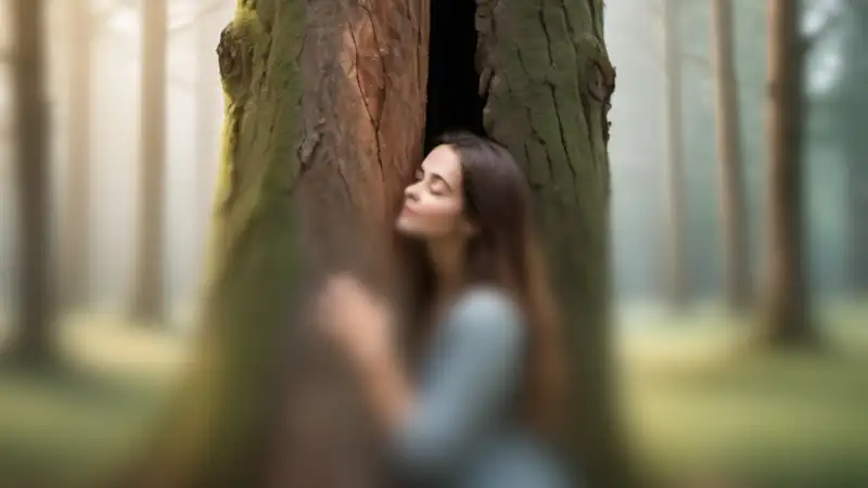Girl hugging a tree.