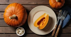 pumpkin on a wooden table, next to it a plate with boiled pieces of pumpkin and utensils next to the plate