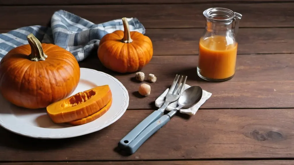 pumpkin on a wooden table, next to it a plate with boiled pieces of pumpkin and utensils next to the plate