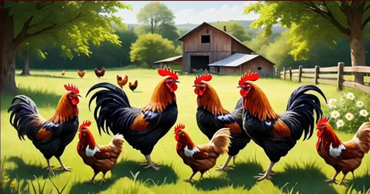 hens and roosters that are in a beautiful meadow and feed