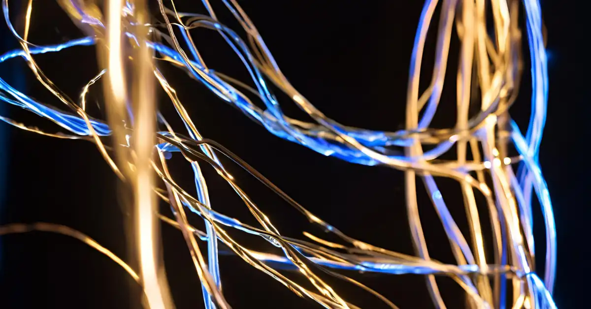 a wire split in two and a flow of electrons is visible inside it