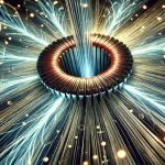 Abstract illustration of a glowing electromagnetic coil emitting radiant, swirling beams of light and energy in a dark background.