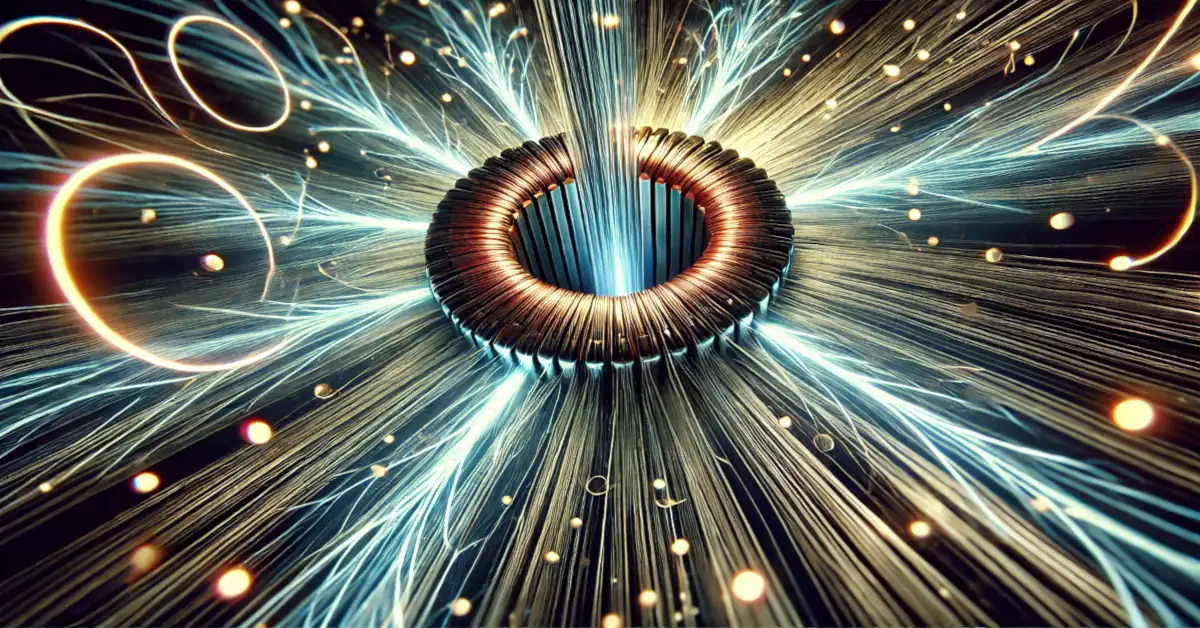 Abstract illustration of a glowing electromagnetic coil emitting radiant, swirling beams of light and energy in a dark background.