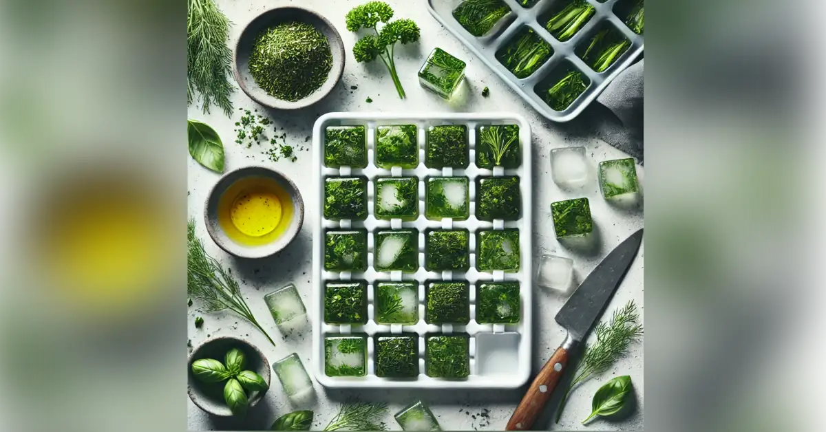 fresh herbs in ice cubes