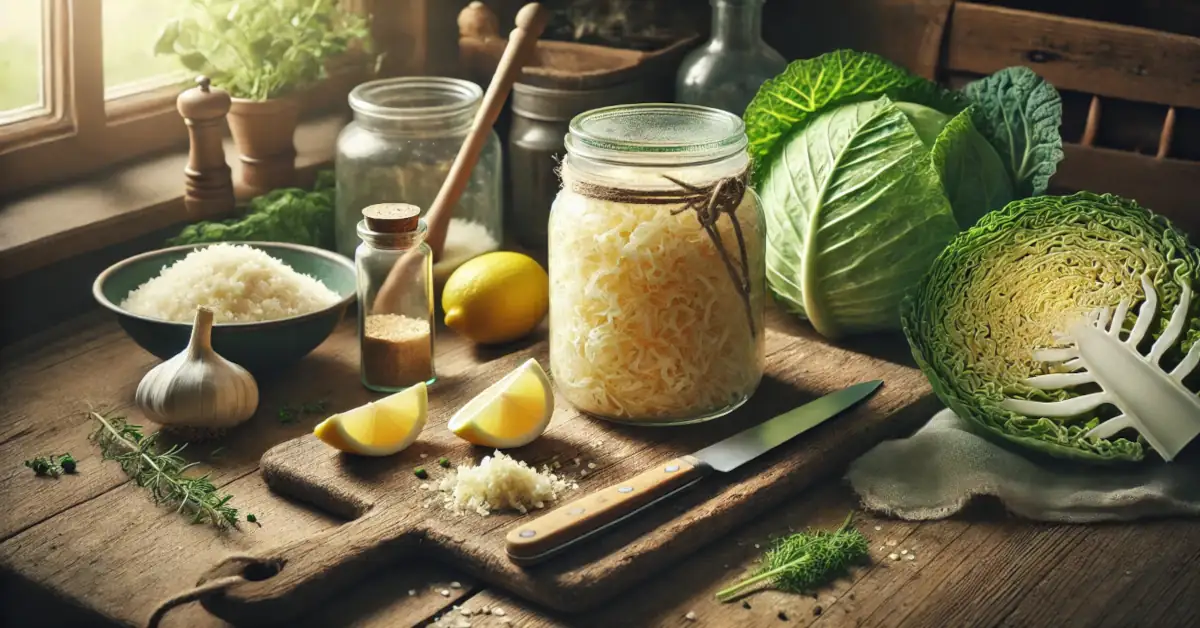 Зелки и нарязано зеле в буркан върху кухненска маса с лимони
