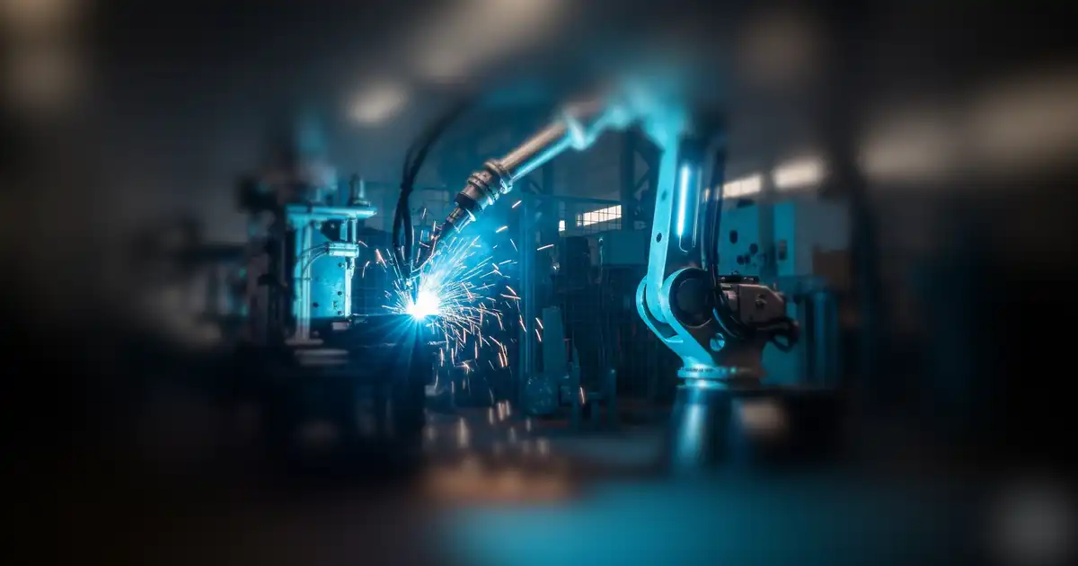 A robotic arm performs welding, emitting bright sparks in a dimly lit industrial setting.