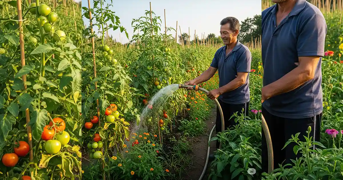A person waters vibrant tomato plants in a sunlit garden, surrounded by lush greenery and colorful flowers.