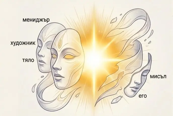 Цветна илюстрация на слънце със сложни шарки и маски за лице