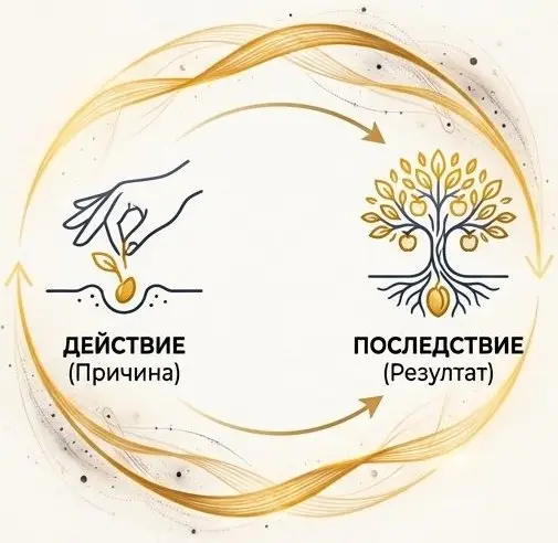 Илюстрация, изобразяваща цикъла на действие (причина) и следствие (резултат), включваща семе, поникващо в процъфтяващо дърво.