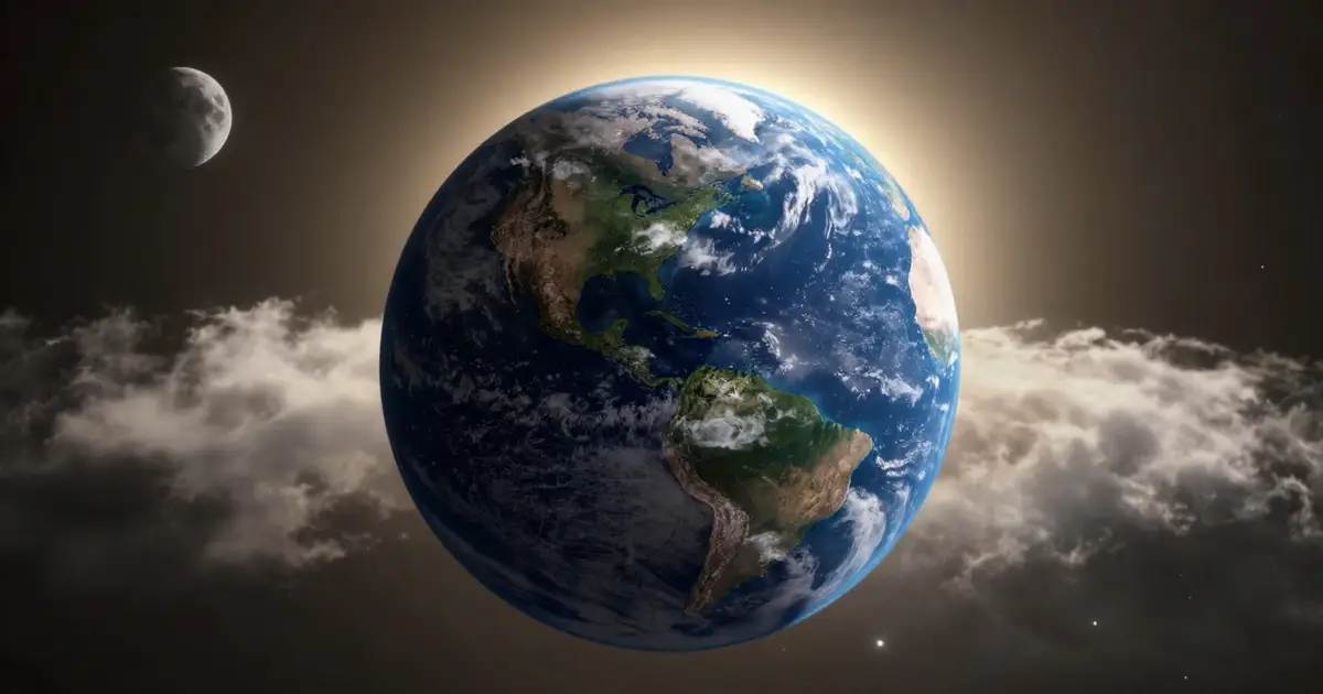 Реалистично изображение на Земята и Луната в космоса, със Слънцето, изгряващо зад тях, осветяващо сцената.