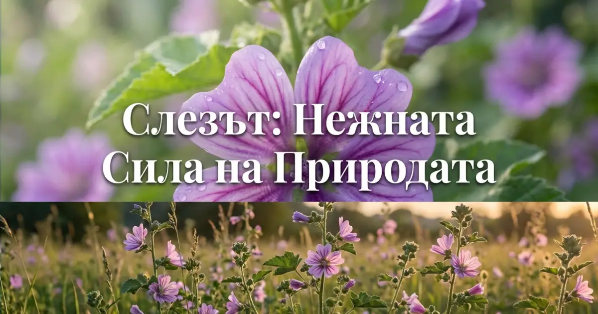 Близък план на нежно лилаво цвете на Malva sylvestris с капки роса по венчелистчетата, демонстриращо естествена красота и устойчивост.