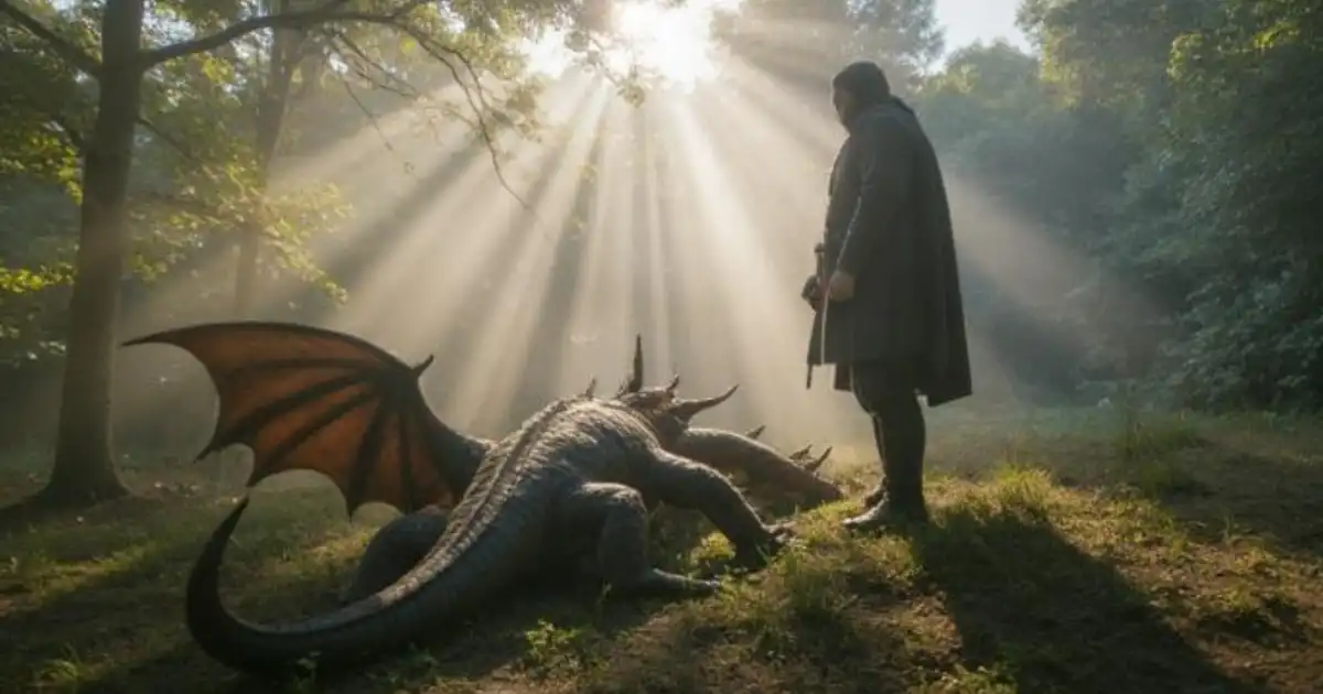 A cloaked figure stands near a resting dragon, illuminated by sun rays filtering through the forest.