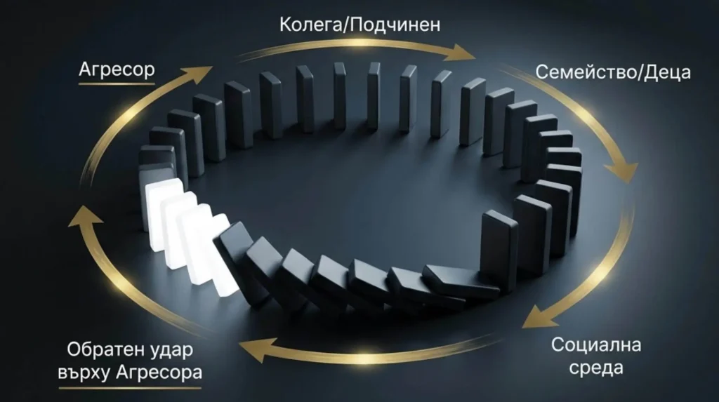 Диаграма на кръговия домино ефект, обозначена на български, показваща ролите: Агресор, Колега/Подчинен, Семейство/Деца, Социална среда и Контраатака срещу Агресора.