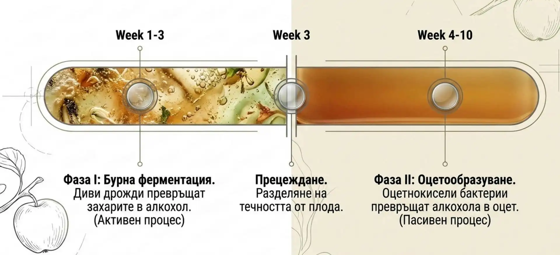 Фази за приготвяне на ябълков оцет